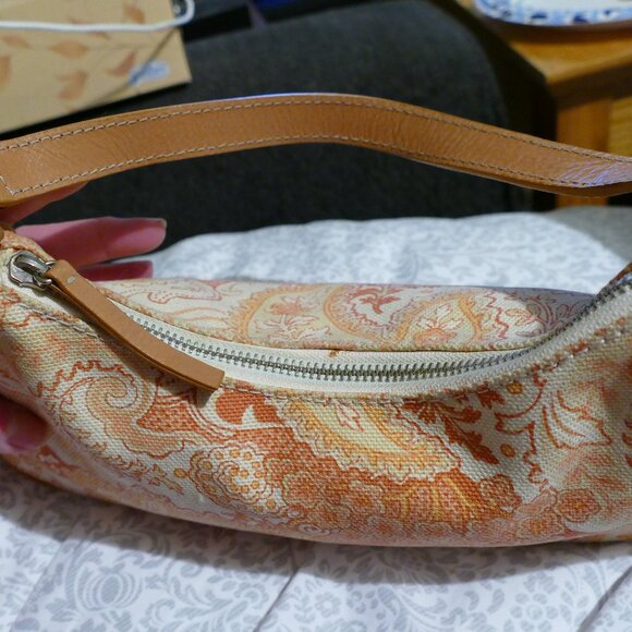BANANA REPUBLIC Pink/Coral Cotton w/Leather Trim Zippered Small Handbag/Purse - Picture 4 of 16